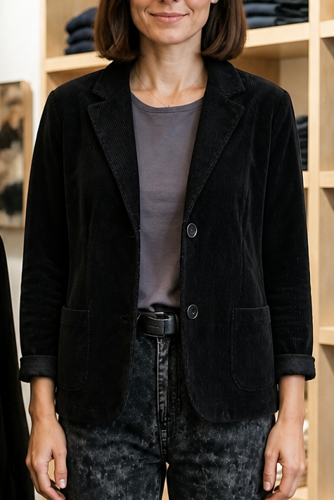 Black corduroy-look structured-shoulder jacket with button front and flap pockets