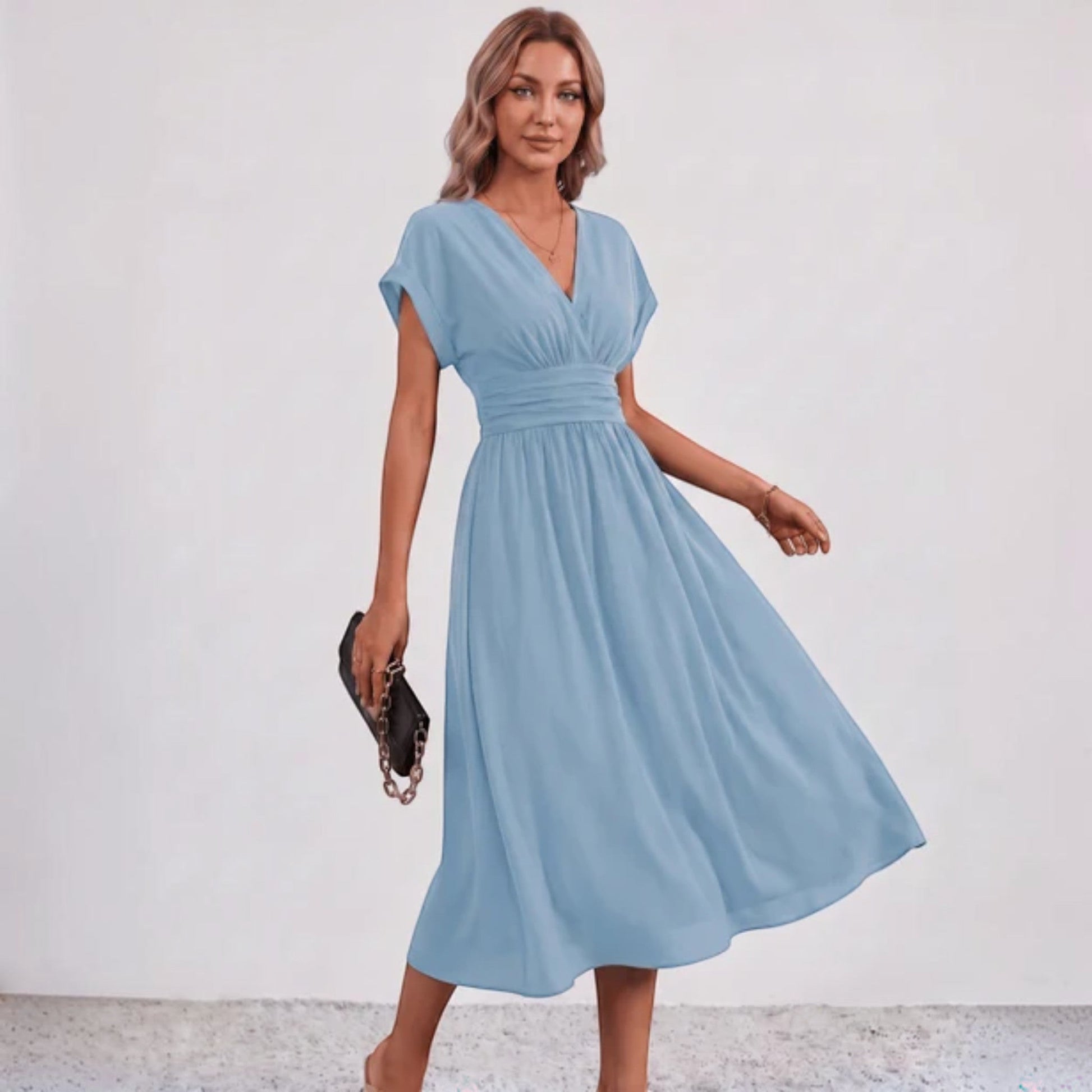 Blue V-neck fit-and-flare midi dress with ruched waist and short sleeves