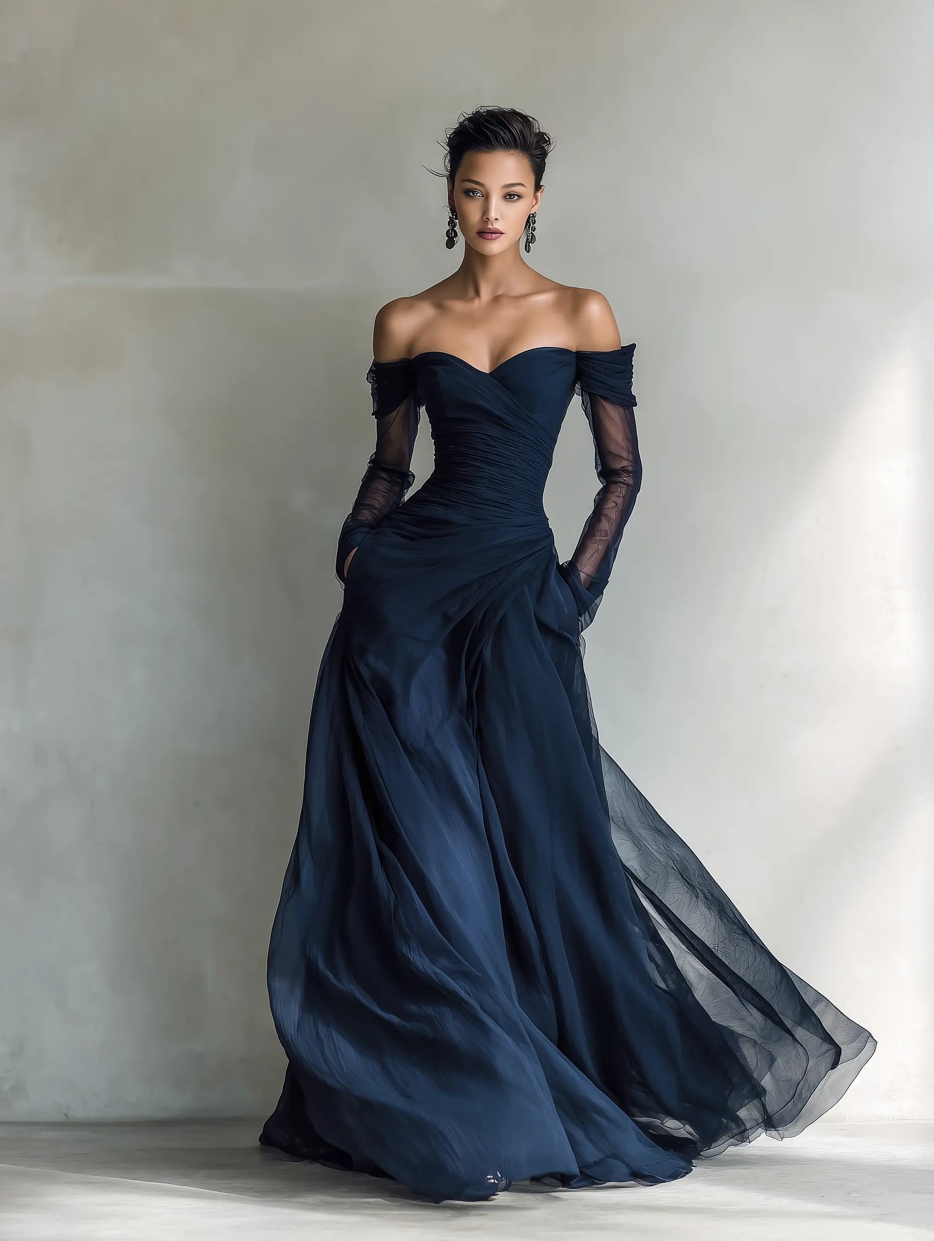 Fitted dark blue chiffon off-shoulder maxi dress, full skirt and sheer long sleeves