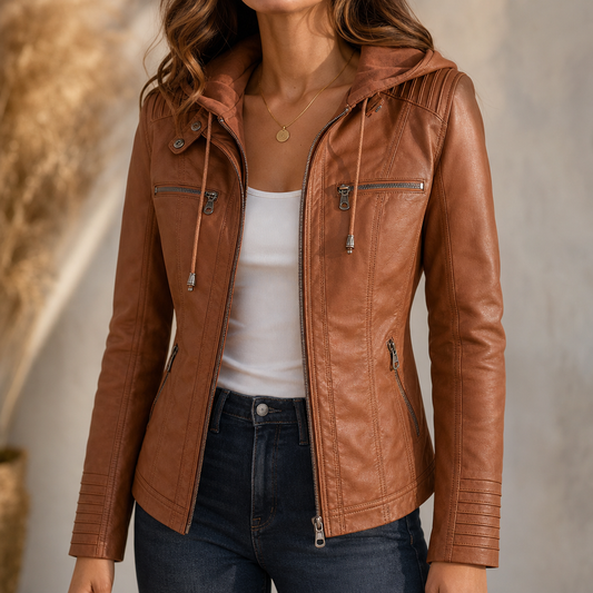 Brown fitted hooded moto-style jacket with zip front, drawstring hood, and chest pockets