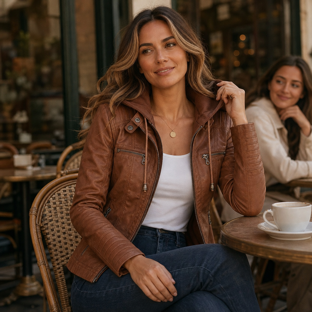 Brown hooded moto jacket with zip front, drawstring hood, and two chest zip pockets