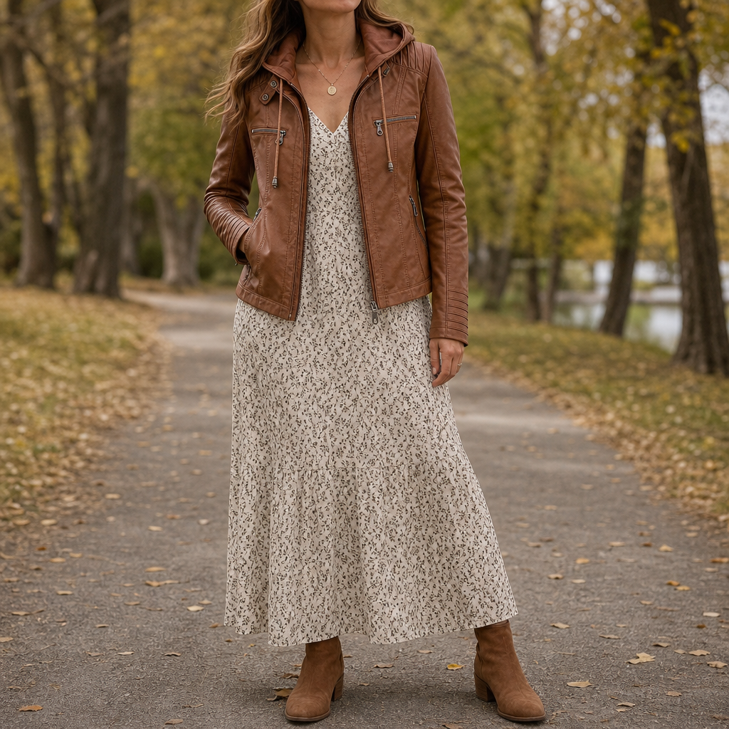 Brown fitted hooded moto-style jacket with zip front and two vertical zip chest pockets