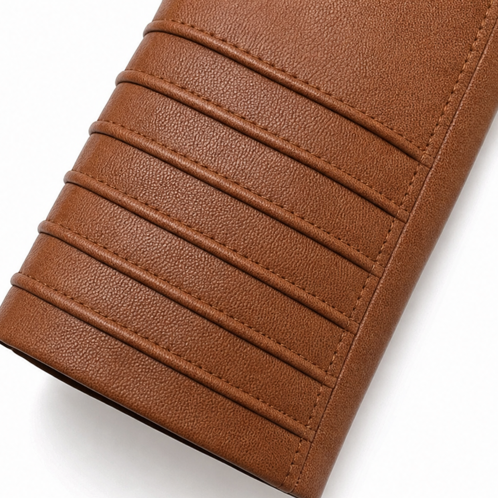 Brown moto jacket sleeve cuff with ribbed paneling detail and stitched trim