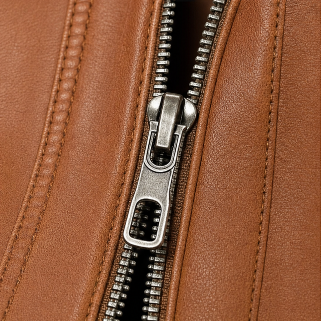 Close-up of brown jacket zipper with metal pull and stitched zipper tape