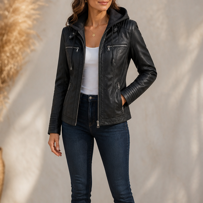 Black fitted moto jacket with hood, zip front, and side zipper details on sleeves.