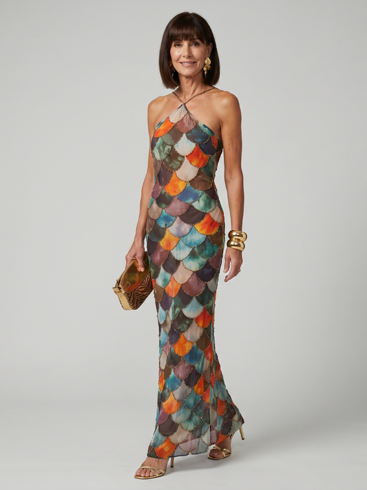 Fitted maxi dress with halter neckline and multicolor scale print