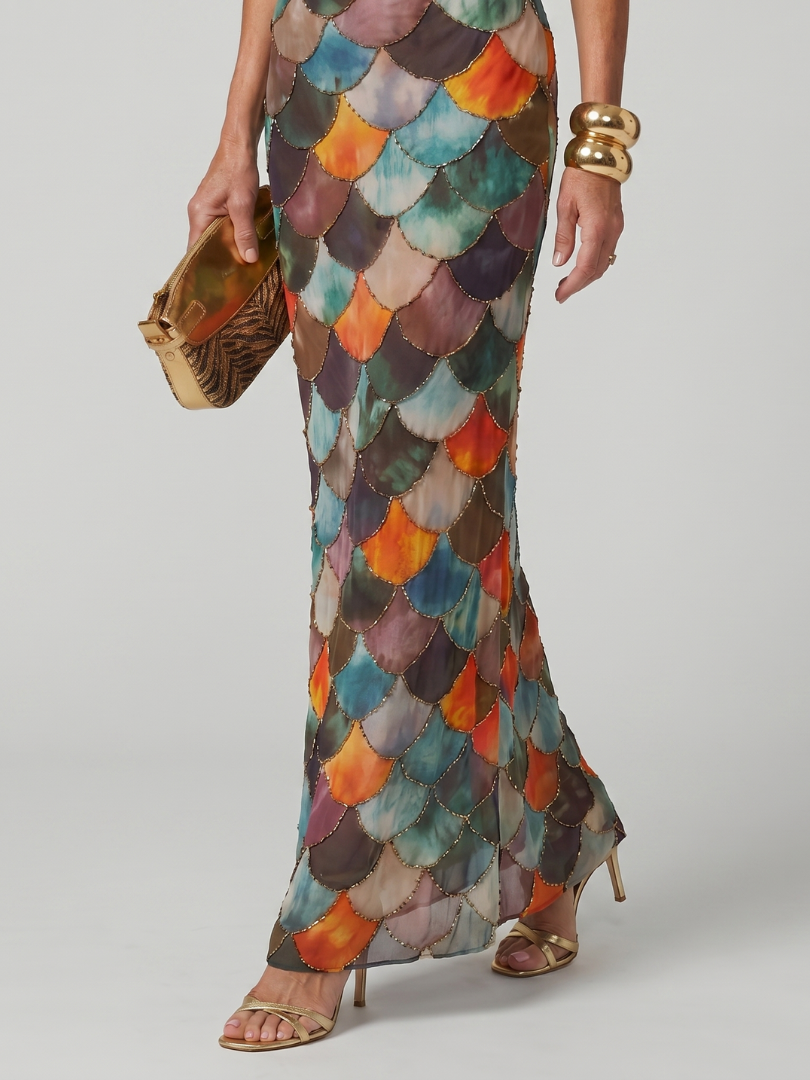 Fitted maxi dress with multicolor scale print and scalloped skirt panels
