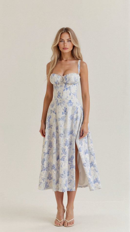 Blue floral fitted midi dress with spaghetti straps and defined waist, knee-length