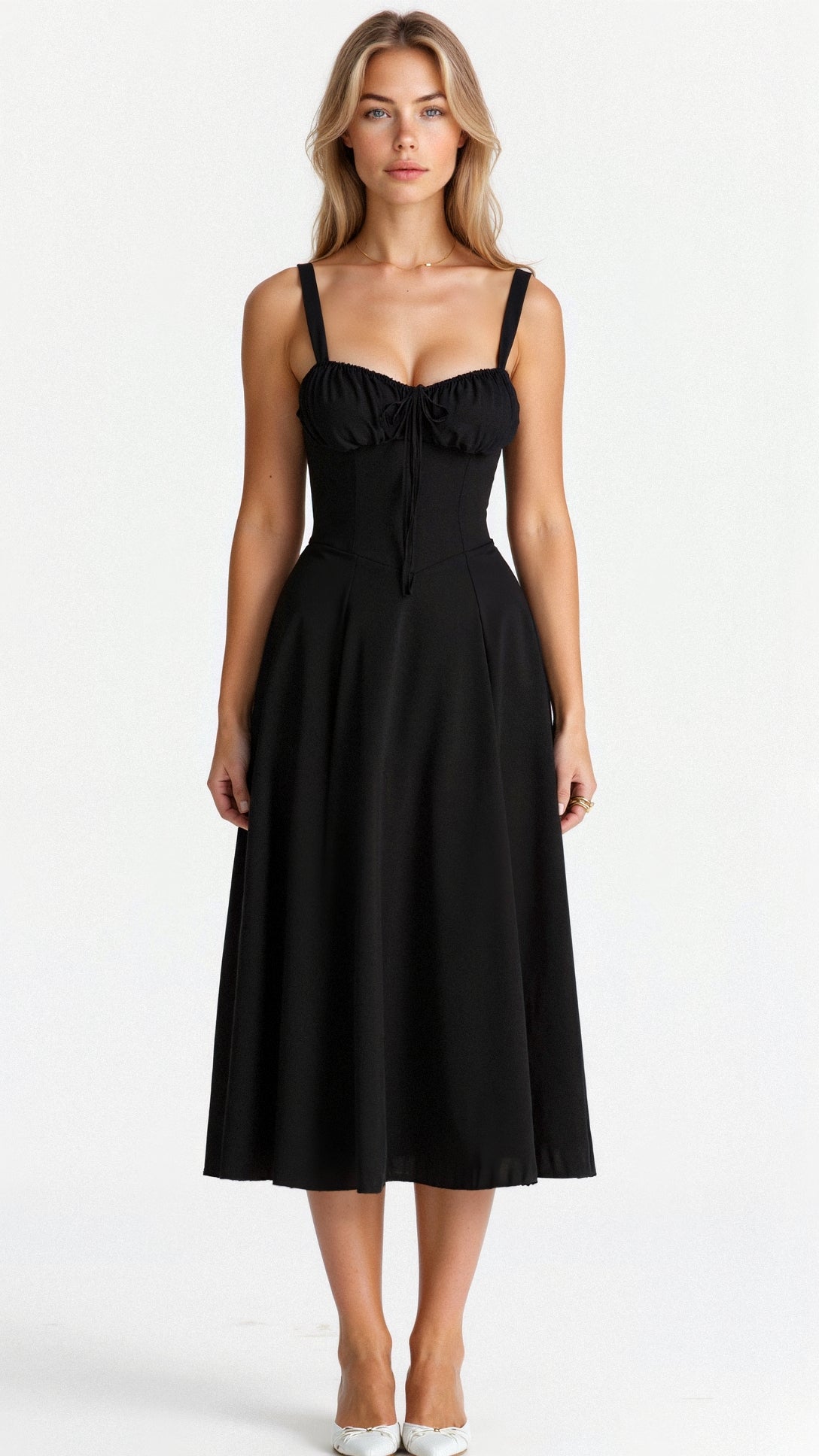 Black fitted midi dress with spaghetti straps and gathered bodice