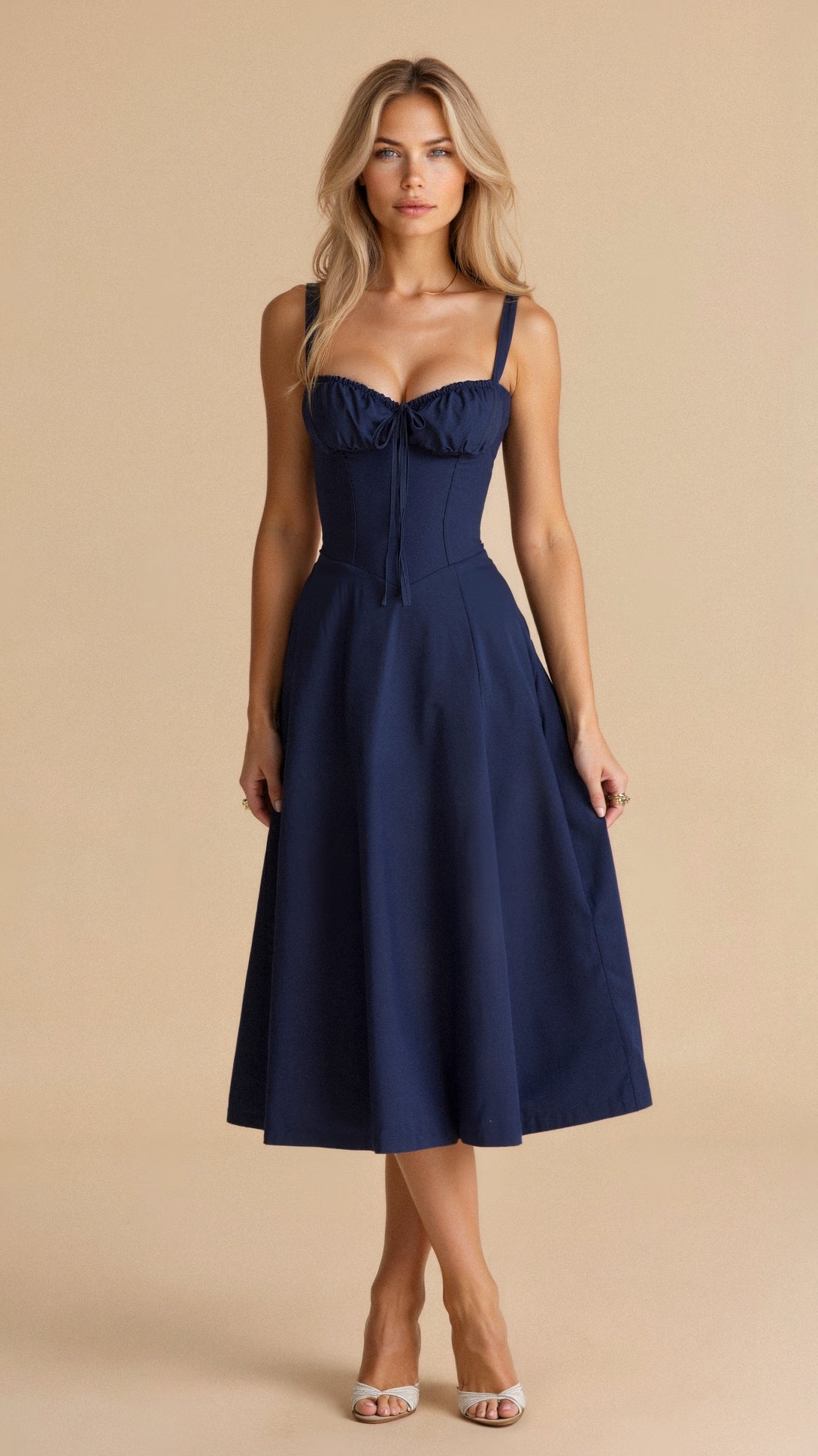 Navy fitted midi dress with spaghetti straps and gathered bust