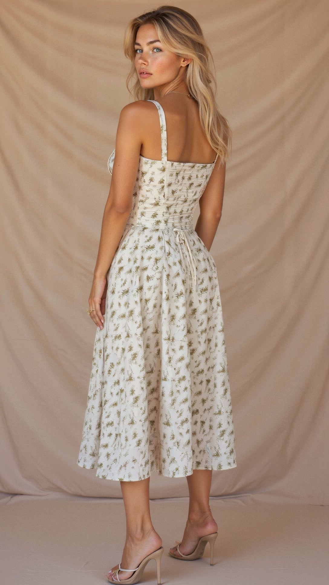 Cream floral fitted midi dress with spaghetti straps and defined waist, midi length
