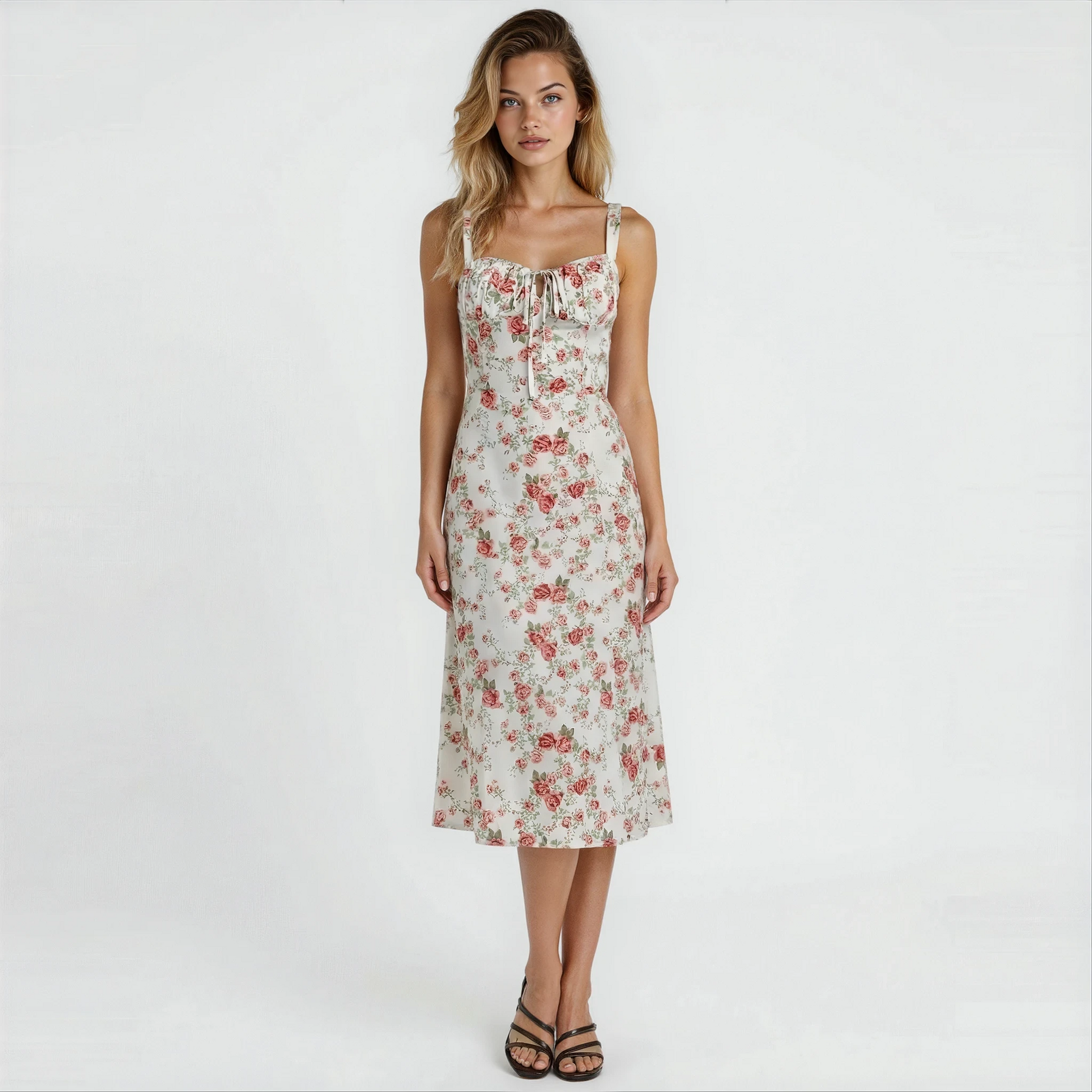 Floral fitted midi dress with defined waist, spaghetti straps, square neckline