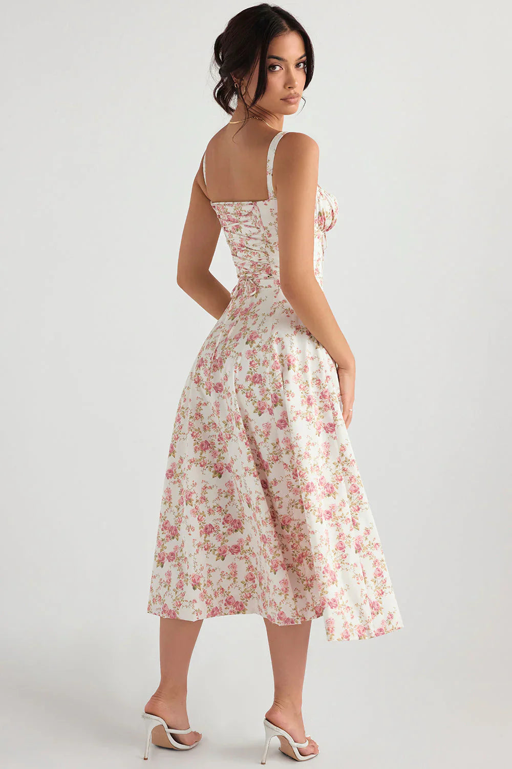 Floral fitted midi dress with defined waist, square neckline and thin straps