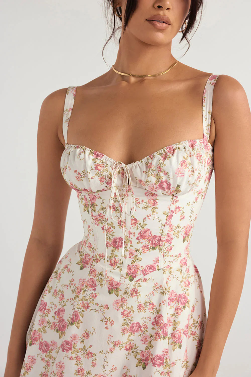 Floral fitted midi dress bodice with gathered neckline and spaghetti straps