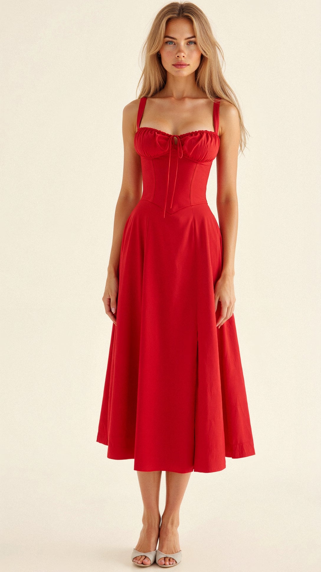 Red fitted midi dress with ruched bust, square neckline, thin shoulder straps
