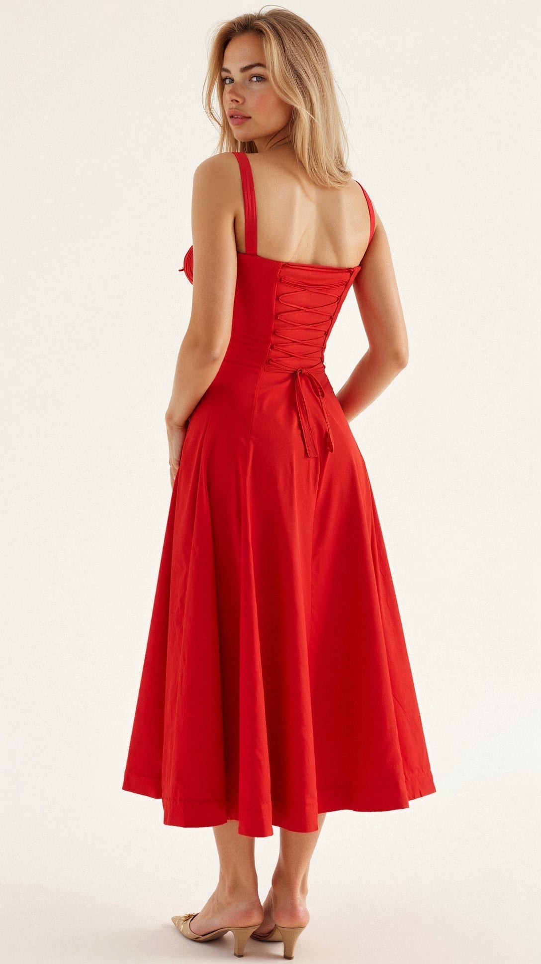Red fitted midi dress with ruched bodice and flared skirt, spaghetti straps