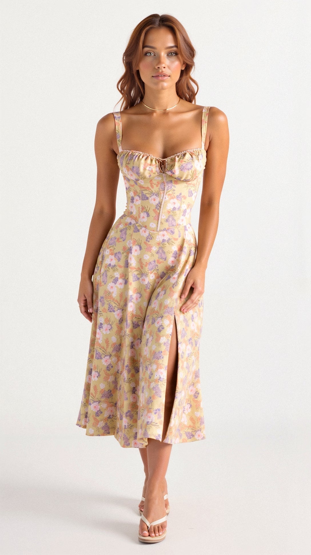 Pastel floral fitted midi dress with defined waist, spaghetti straps, square neckline