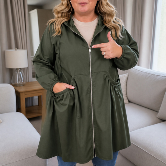 Olive green zip-front rain jacket with hood and gathered peplum waist