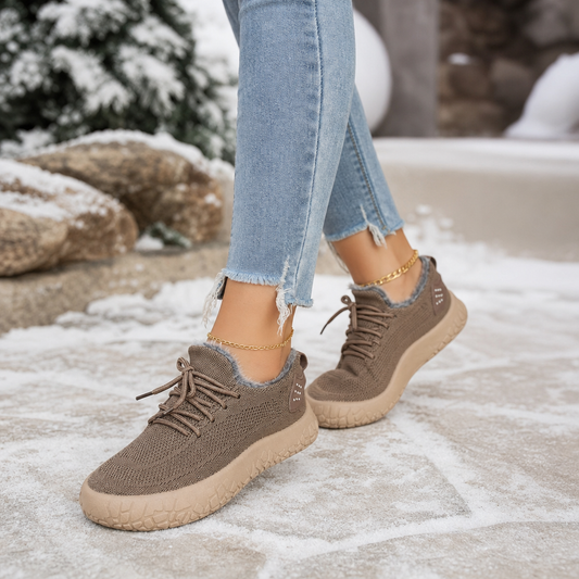 Khaki brown lace-up casual shoes with fleece lining and grippy rubber sole