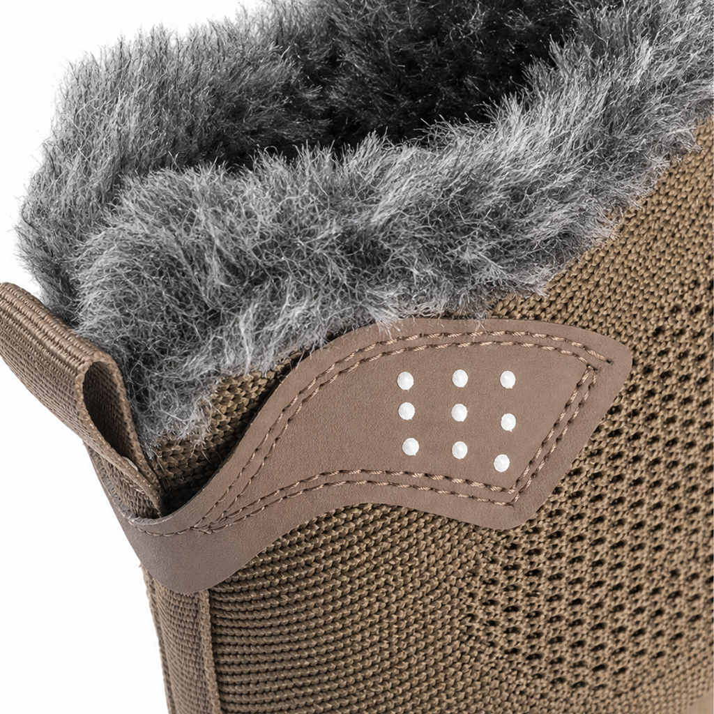 Khaki brown fleece-lined shoe heel with stitched detail and rubber tread