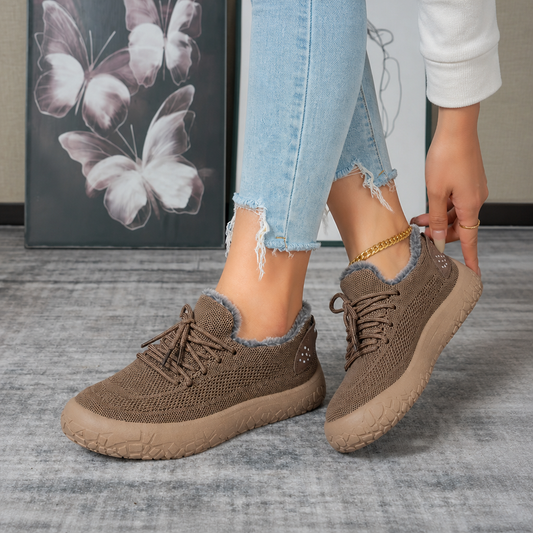 Khaki brown lace-up casual shoes with fuzzy collar lining and thick outsole