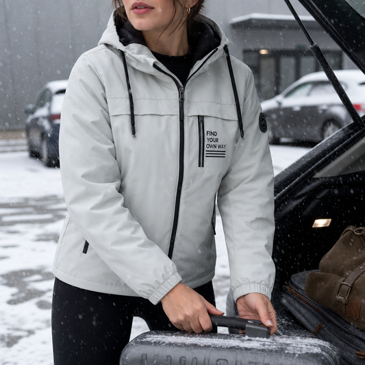 Stone beige windbreaker jacket with detachable hood, front zipper, and fleece-lined collar