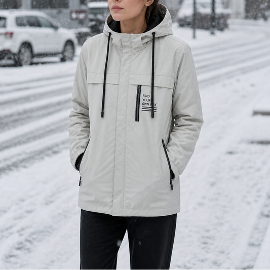 Stone beige hooded windbreaker jacket with zip front, adjustable hood, side pockets