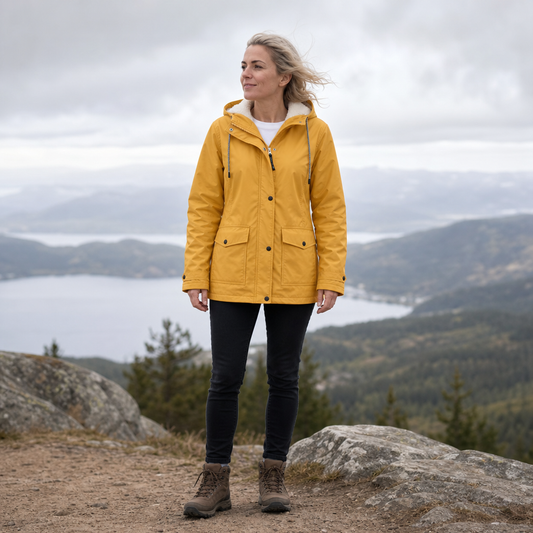 Yellow fleece-lined hooded windproof jacket worn outdoors, full-length view, snap front
