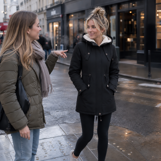 Black fleece-lined padded parka with hood, front zip, and side pockets
