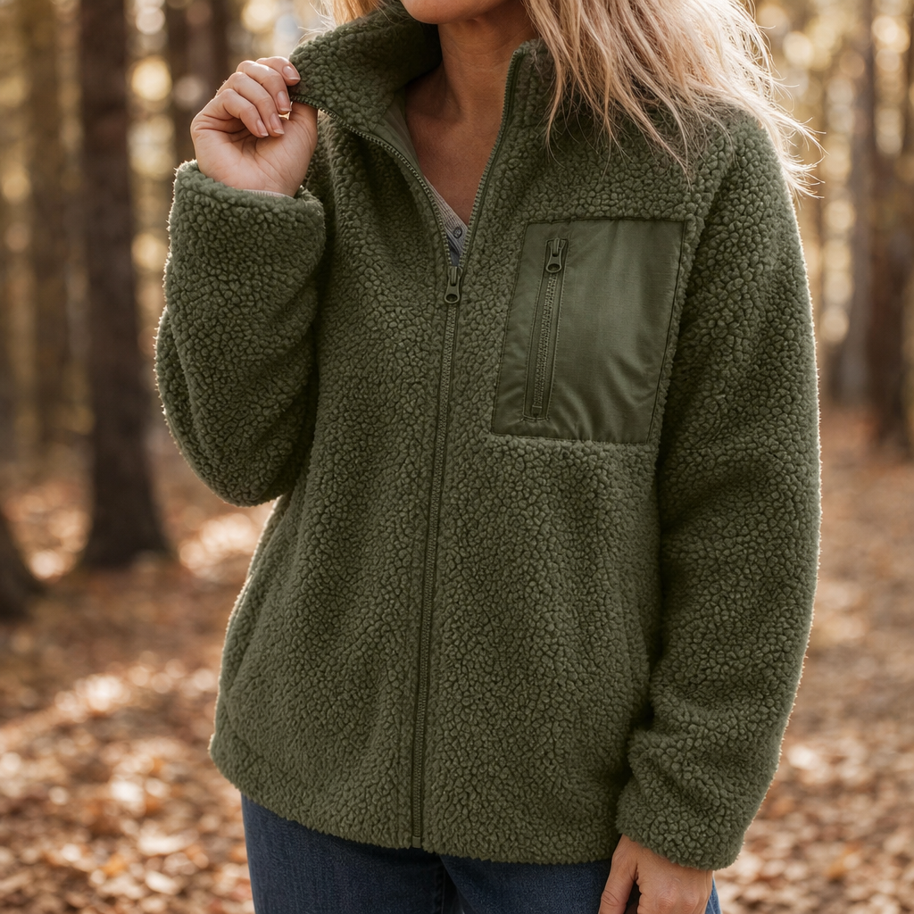 Green fleece-look zip-up winter jacket with front zipper and chest pocket
