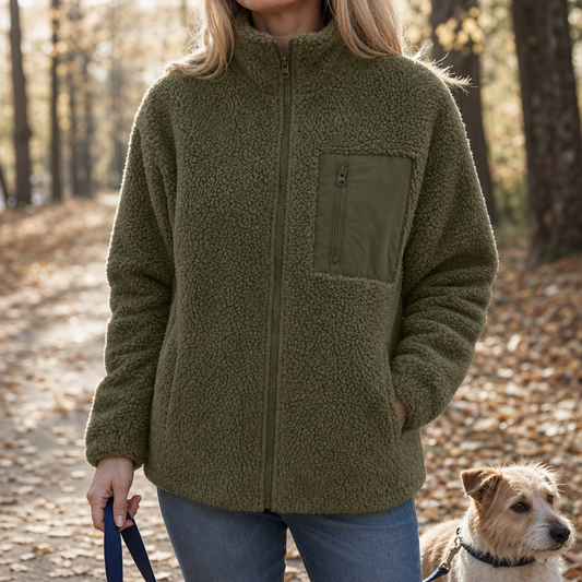 Green fleece-look zip-up winter jacket, full front view with zipper and pocket