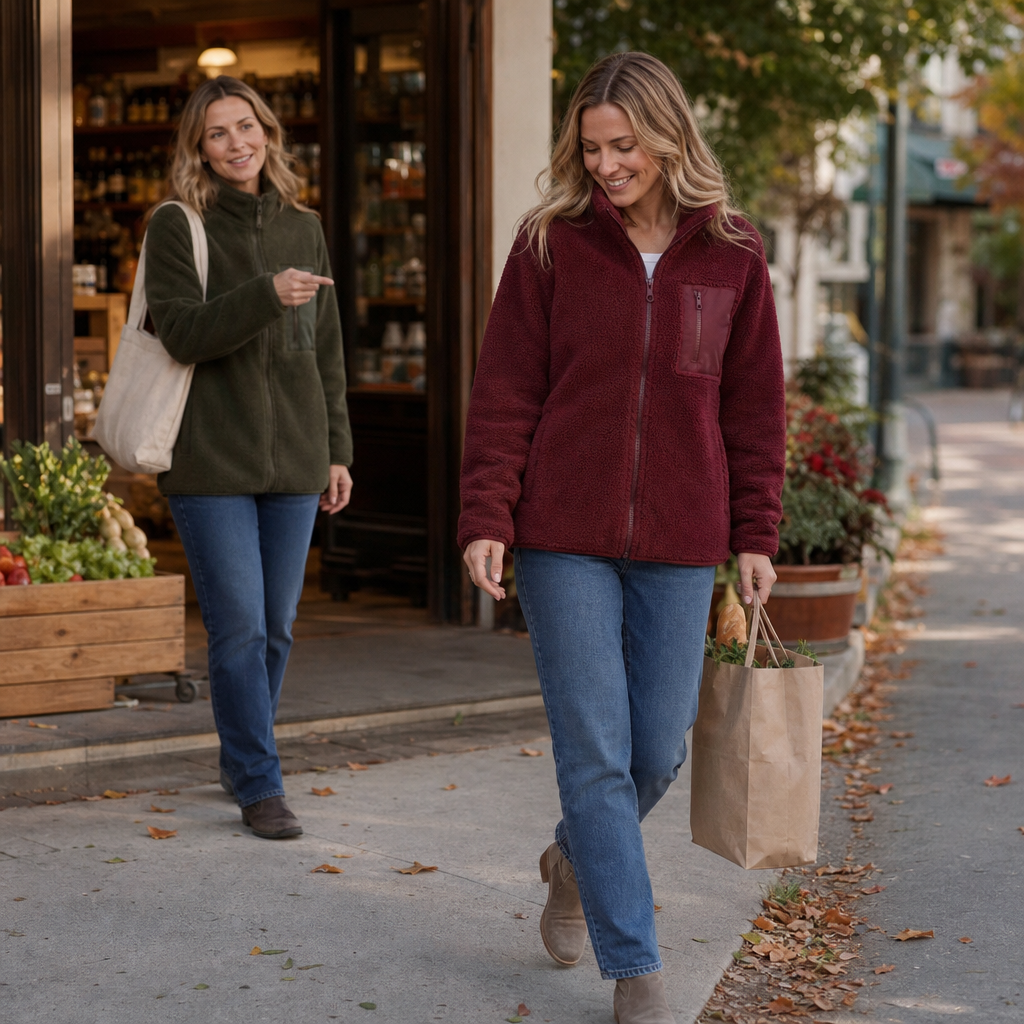 Green fleece-look zip-up winter jacket worn outdoors with front zipper and pocket