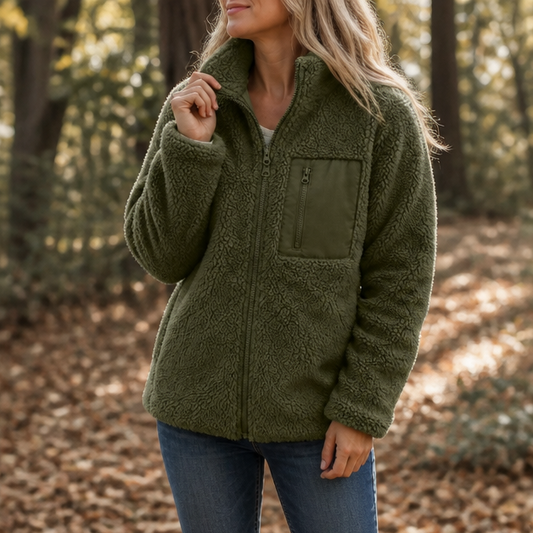Fleece-look zip-up winter jacket in olive green with full-length zipper