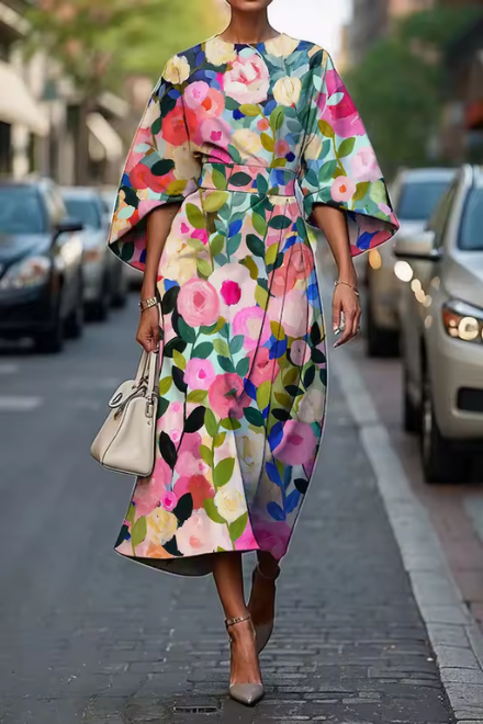 Floral belted midi dress with kimono sleeves, multicolor pink and green print