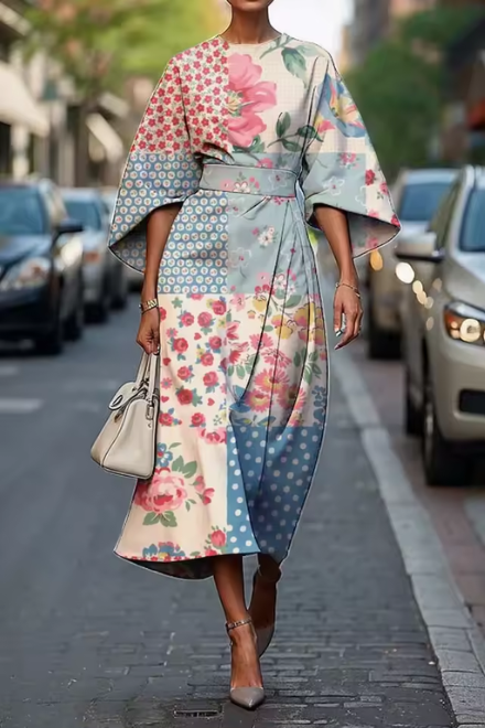 Belted midi kimono-sleeve dress with pink floral, dotted and leaf print
