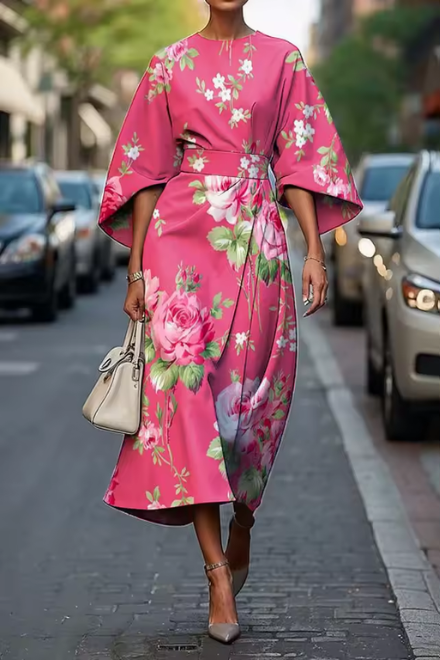 Floral belted midi dress with kimono sleeves, pink base and rose leaf print