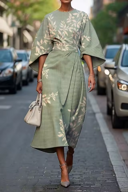 Belted midi dress with kimono sleeves, sage green and floral leaf print