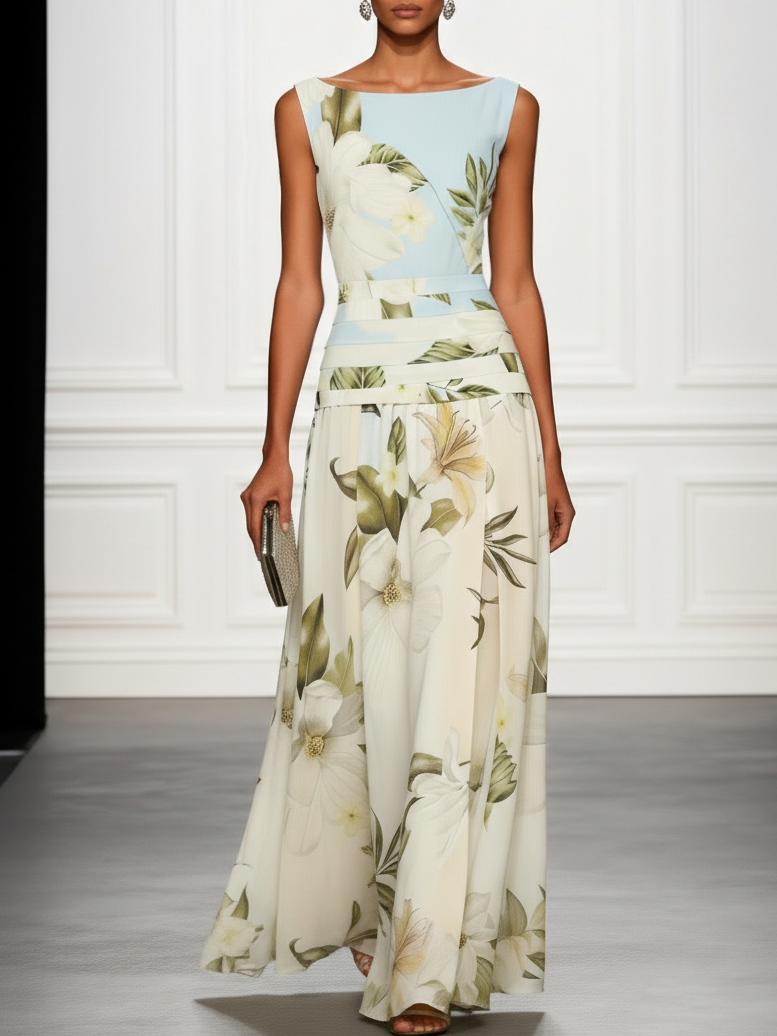 Light cream floral sleeveless maxi dress with boat neckline, draped waistband and long skirt.
