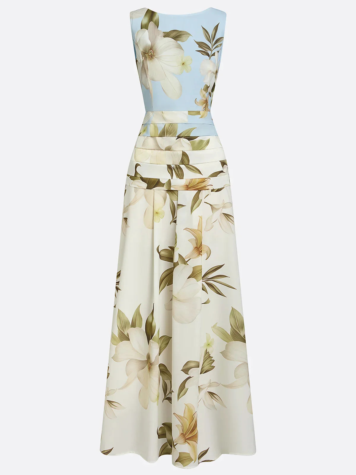 Cream and sage floral sleeveless maxi dress with boat neckline and belted waist detail.