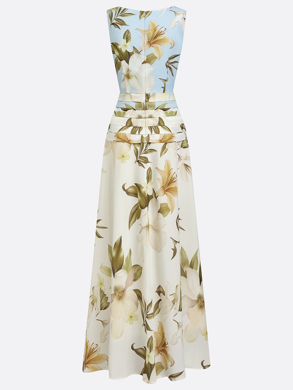 Cream and sage floral sleeveless maxi dress with boat neckline, banded waist and flowing hem.