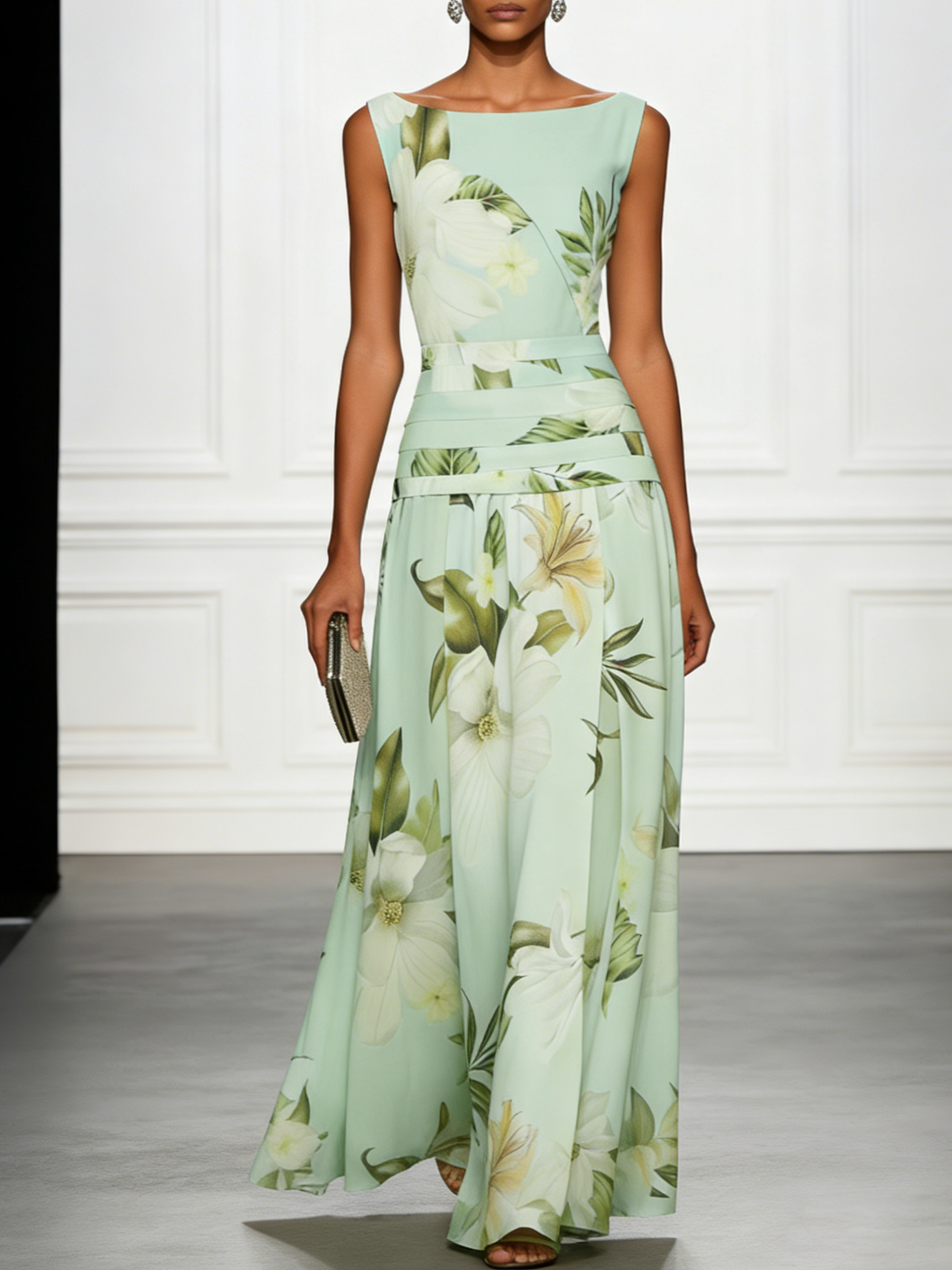 Pale green floral sleeveless maxi dress with boat neckline, banded waist and floor-length skirt.