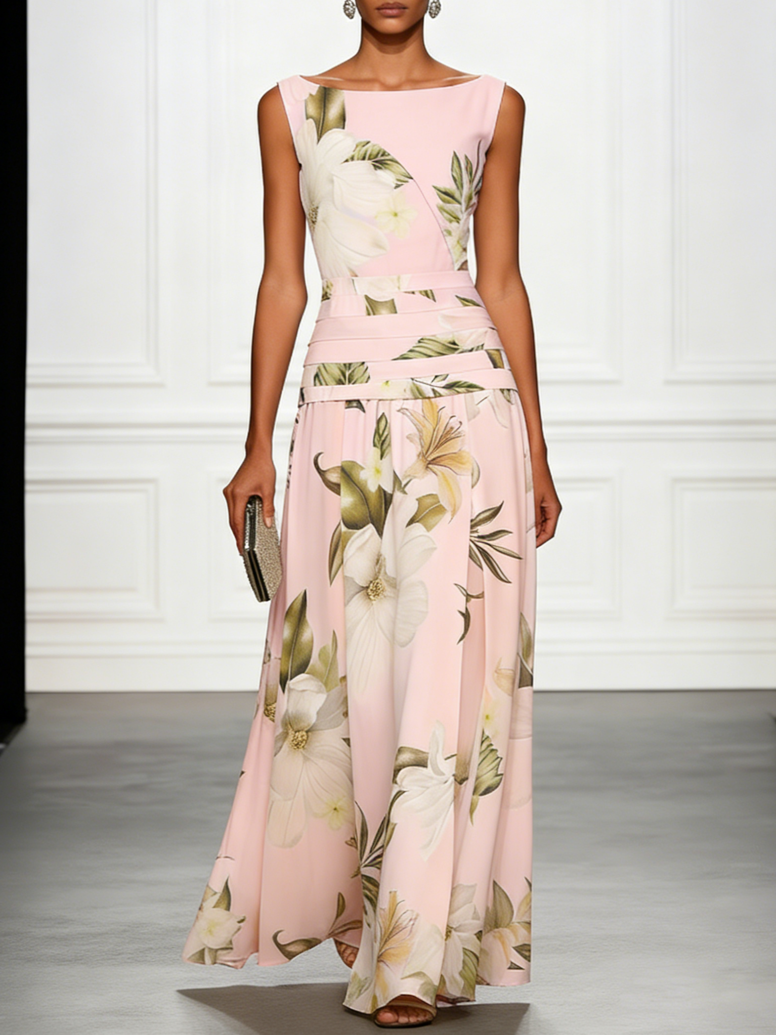 Pink floral boat-neck sleeveless maxi dress with layered waist bands and wide skirt.