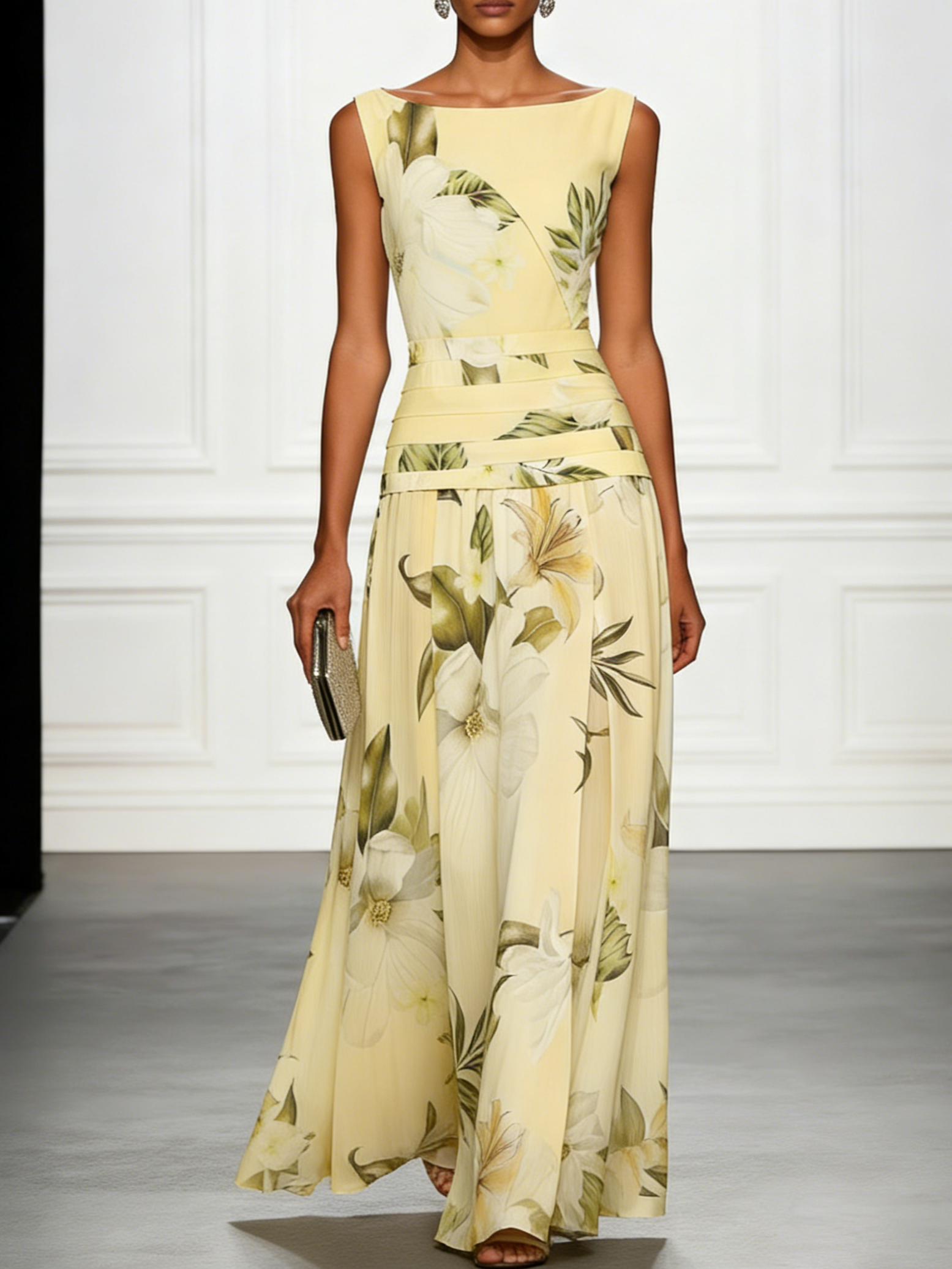 Light yellow floral boat-neck sleeveless maxi dress with layered waist bands and full skirt.