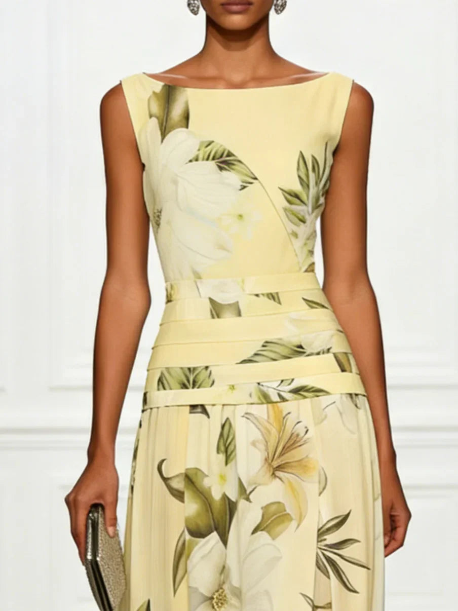 Cream-yellow floral boat-neck sleeveless maxi dress with layered waist band detail.