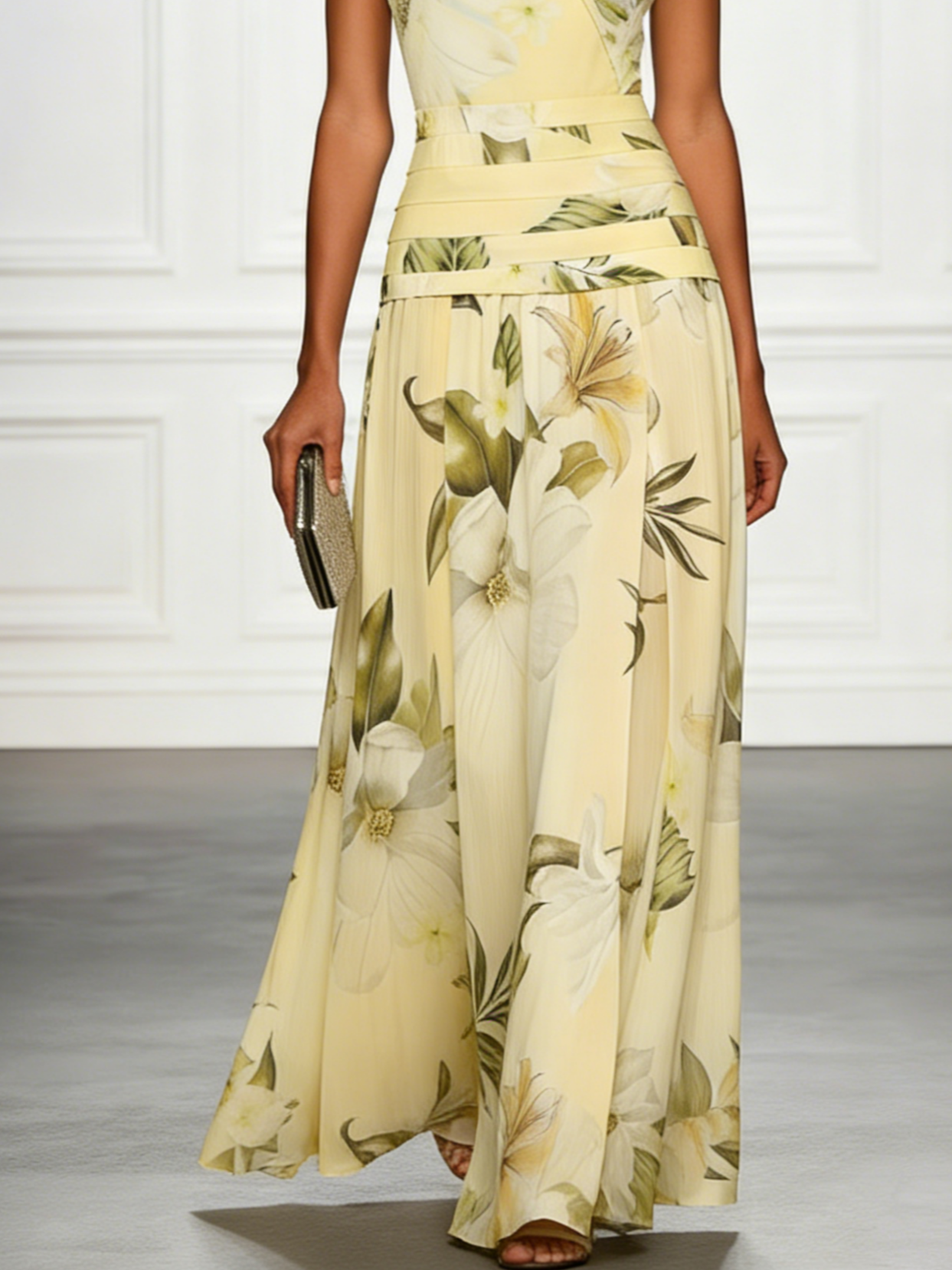 Pale yellow floral boat-neck sleeveless maxi dress with layered waist and long full skirt.