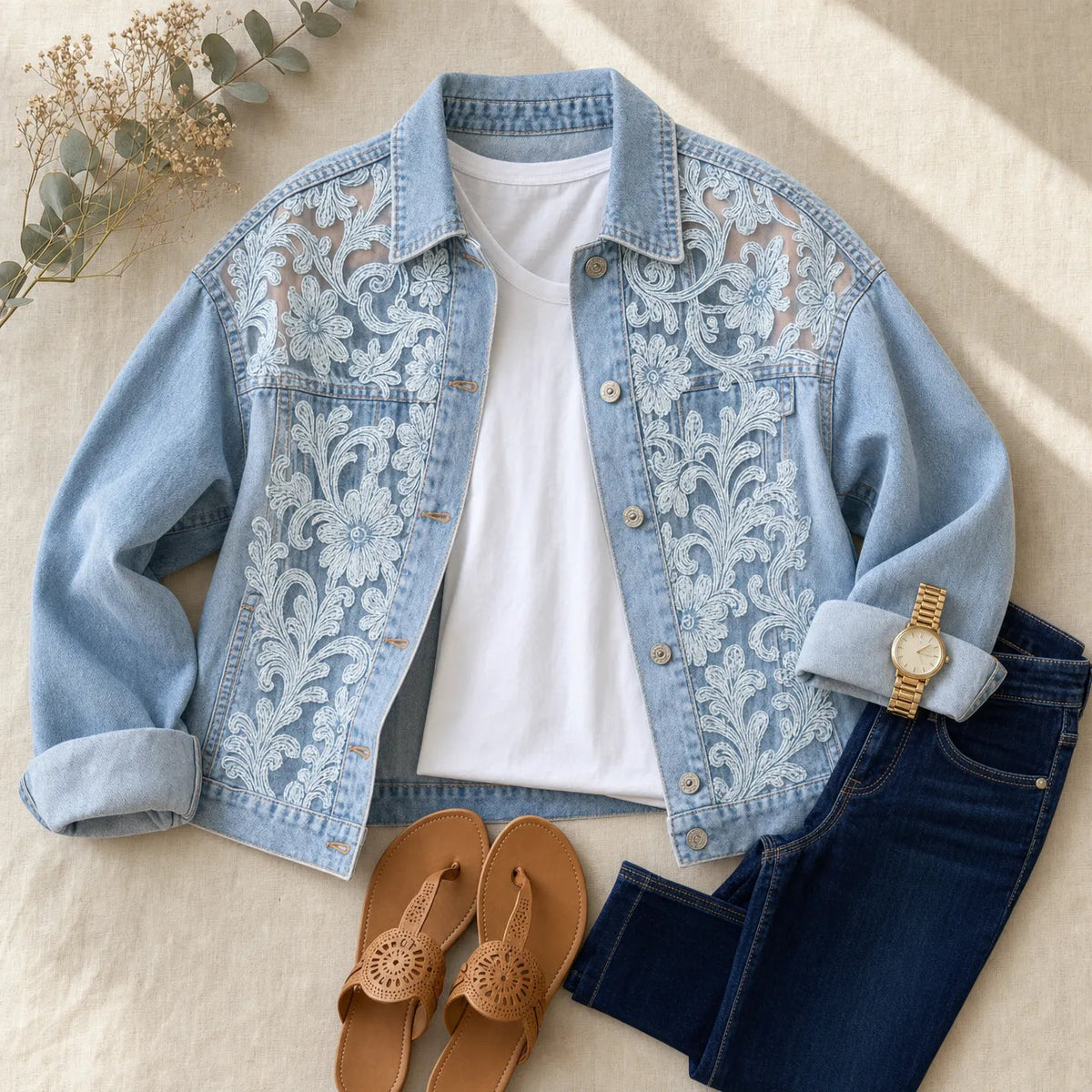 Light blue denim jacket with lace-look floral front, stand collar and metal buttons