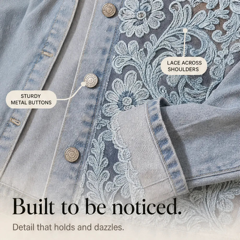 Denim jacket detail with lace-look floral embroidery, metal buttons and stitched seams