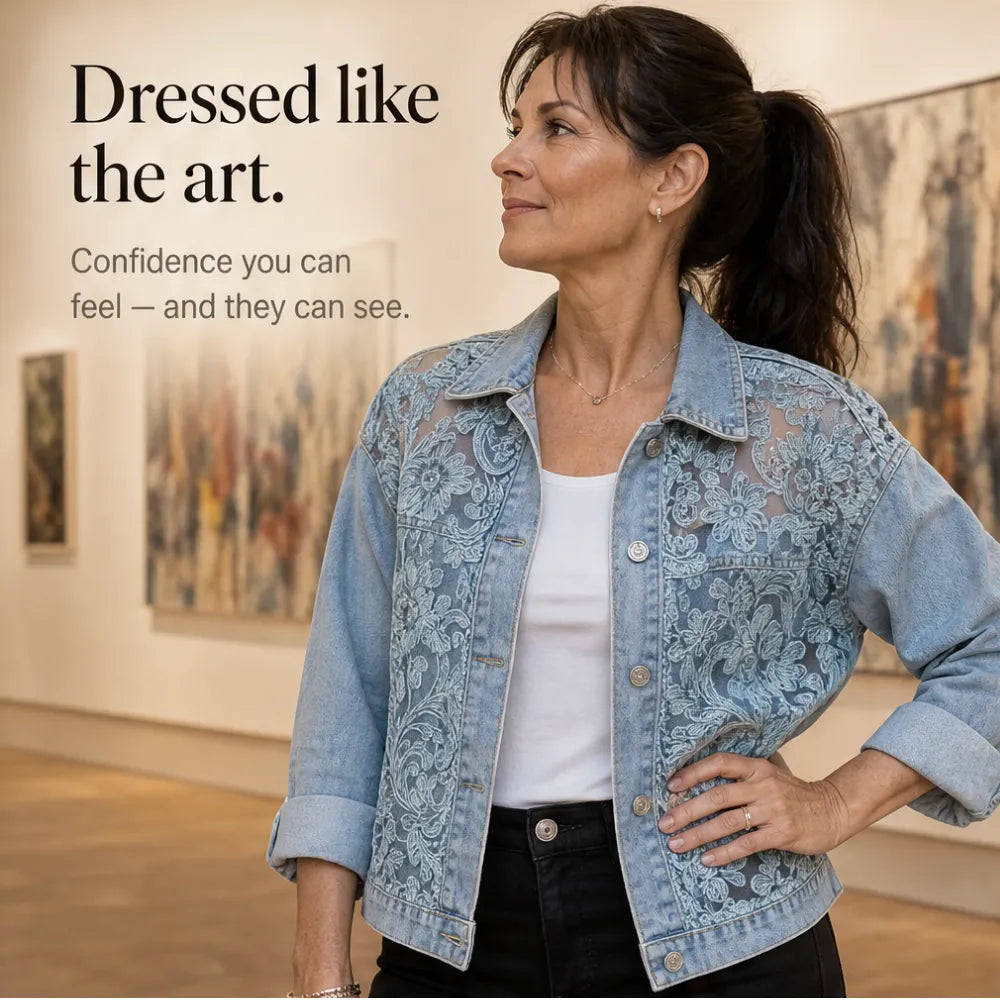 Light blue lace-look patchwork denim jacket with button front and embroidered floral yoke