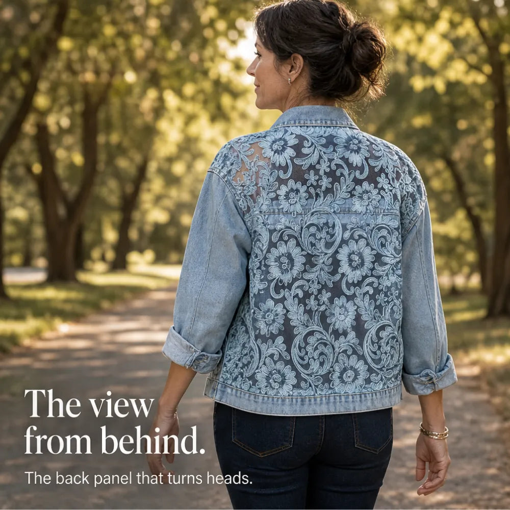 Light blue denim jacket back with lace-look floral embroidery on yoke and sleeves