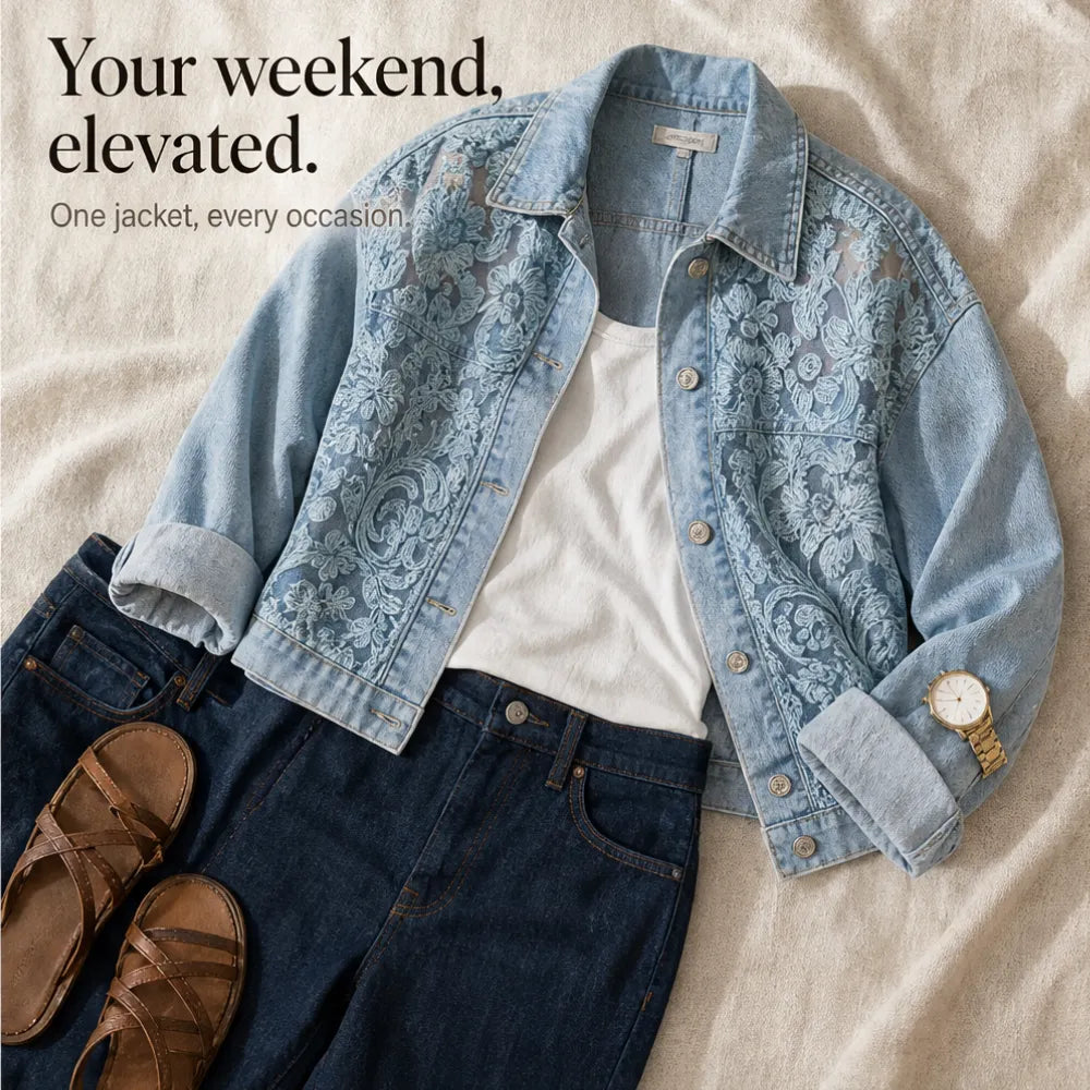 Light blue floral lace-look patchwork denim jacket with button front and stand collar